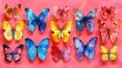   A collection of vivid butterflies perched atop a pink watercolor canvas, their backs brushed with paint