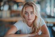 © Tuyres - Portrait of a Thoughtful Woman Leaning Forward. Generative AI.