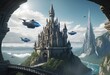 sci fi flying castle in bright colours 