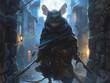 A stealthy Mouse Assassin cloaked in shadows with dual daggers at the ready lurking in the cobblestone alleyways of an ancient moonlit fantasy city