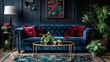  Blue velvet couch Gold coffee table