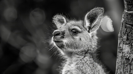 Wall Mural -   A monochrome image of a small animal gazing at a tree against blurred, green leafy background