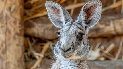 Wall Mural -   A tight shot of a baby kangaroo gazing into the lens, surrounded by a hazy backdrop of bamboo canes