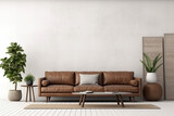 Fototapeta Perspektywa 3d - Interior living room wall mockup with leather sofa and decor on white background
