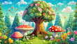 3D cartoonish scene of a forest with a tree in the middle. The tree is surrounded by flowers and mushrooms, and there are clouds in the sky. Scene is whimsical and playful, with a sense of wonder