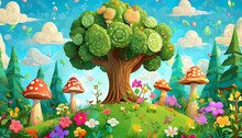 3D Cartoonish Scene Of A Forest With A Tree In The Middle. The Tree Is Surrounded By Flowers And Mushrooms, And There Are Clouds In The Sky. Scene Is Whimsical And Playful, With A Sense Of Wonder