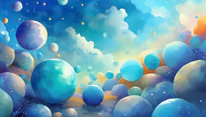 Wall Mural - 3d blue sky with a bunch of blue balls scattered around. the sky is clear and bright, and the balls 
