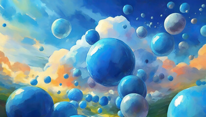 Wall Mural - 3d blue sky with a bunch of blue balls scattered around. the sky is clear and bright, and the balls 