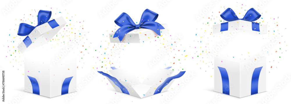 Vector set of white gift boxes with blue ribbons and exploded colorful ...