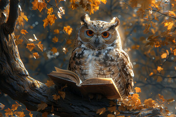 Wall Mural - A wise owl perched on a branch, wearing glasses and reading a book under the shade of a tree in a peaceful forest, surrounded by the tranquility of nature.  Generative Ai.