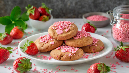 plate of pink chocolate chip cookies with pink sprinkles on a white plate with strawberries in the background.