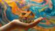 hand holding a small model house against a backdrop of swirling colors, property ownership, real estate, investment