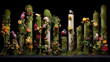 Surreal flock amidst floral columns and totems