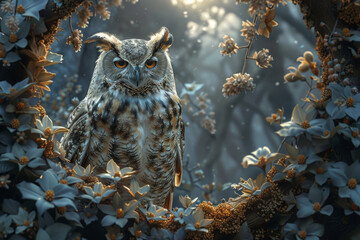 Wall Mural - A wise old owl perched on a branch, surrounded by a circle of woodland creatures, imparting timeless wisdom and sage advice under the glow of the moon.  Generative Ai.