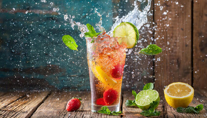 summer drink soda splashing out of a glass on wooden