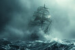 A ship navigating through stormy seas, representing resilience and perseverance amidst adversity, its sails billowing in the wind. Concept of resilience and determination. Generative Ai.