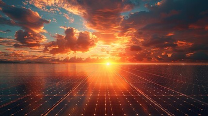 A majestic sunset view over a vast solar farm, highlighting sustainable energy