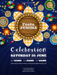 festa junina poster with sunflower shaped label and wooden signboard. june brazilian festival flyer with lanterns, bonfires and wicker hats seen from above