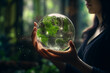 © ADDICTIVE STOCK CORE - Generative AI illustration of anonymous woman gently holds a transparent globe emanating green energy symbolizing eco-conscious stewardship