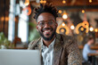 Generative AI illustration of joyful African American man with trendy glasses smiling while working on his laptop in a cozy cafe setting