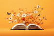 Generative AI illustration of open book with a burst of orange and white flowers sprouting from its pages, accompanied by a fluttering butterfly, against a vibrant orange background