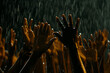 Generative AI illustration of numerous black hands raised up under the rain