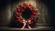 Remembrance Day wreath with red poppies, blue stars, and white ribbon on rustic wooden background symbolizing veterans and military commemoration