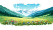 Idyllic spring mountain valley with vibrant wildflowers and a heart-shaped cloud, suitable for ecology, Earth Day, and romantic travel themes