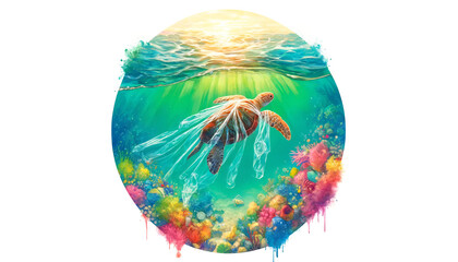 Wall Mural - Colorful illustration of a sea turtle swimming above vibrant coral reef, symbolizing ocean life and World Oceans Day, suitable for environmental themes