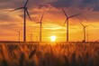 Field with wind turbines, sunset in the background, concept of renewable energy, clean energy.