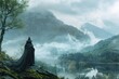 Wizard in medieval era forest with mountain and fog, fantasy and fiction concept.