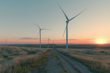 Field with wind turbines, concept of renewable energy, clean energy.