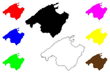  Mallorca island (Kingdom of Spain, Balearic Islands) map vector illustration, scribble sketch Majorca map
