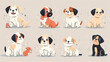 Sweet pets, illudtration. A group of cute puppies of different breeds on grey background