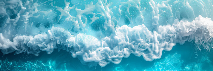  Abstract banner background of white foam on turquoise ocean wave. Summer vacation and travel concept.
