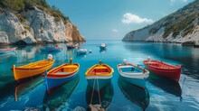 Colorful Fishing Boats Anchored In A Tranquil Bay With Rocky Cliffs And Clear Blue Waters