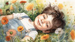 watercolor illustration of a relaxing scene with a child lying happily in a field of wildflowers and looking at the clouds