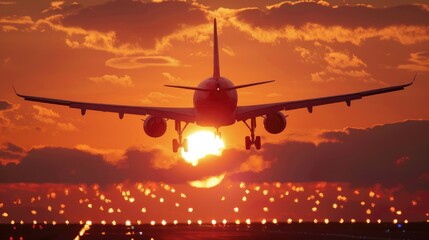 Wall Mural - Silhouette of a plane arriving with the sun setting in the background