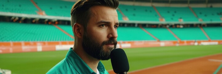 International Sports Journalist Day. a sports journalist. a journalist with a microphone. microphone in the background of the stadium. a journalist on the background of the stadium