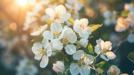 Wall Mural - Fresh spring image of white apple tree blossoms with natural sunlight backlight Bright spring bloom with contrasting colors against a dark outdoor garden backdrop