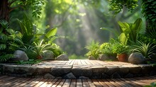 Serenity In Sunlight: A Lush Green Oasis On A Wooden Deck. Concept Natural Light Photography, Greenery Backdrop, Tranquil Setting, Wooden Deck, Sunlit Portraits