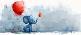 Fototapeta Dziecięca - An adorable baby elephant with air balloons, a watercolor illustration, a cartoon character for holiday cards and print work