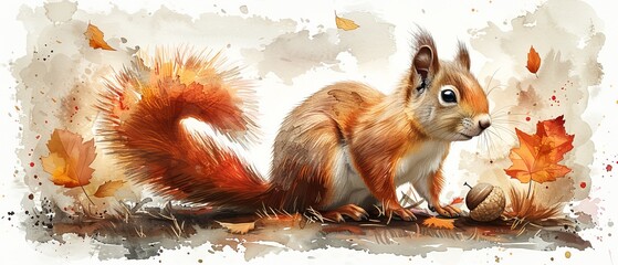 Wall Mural - A cute squirrel holds an acorn, animal clipart, watercolor illustration, good for cards and print designs