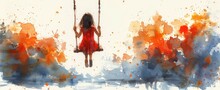 Cute Girl On Swing Illustration In Watercolor Style, Summertime Clipart Suitable For Print And Card Design