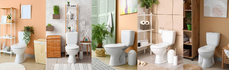 Wall Mural - Collection of modern interiors of restroom with ceramic toilet bowls