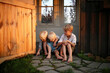 Three Cute Little Chlidren Sing in Country Garden Shed Doorway, Pointing at Bugs