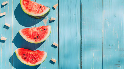 Wall Mural - Slices of watermelon on blue wooden desk.