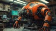 Futuristic industrial scene with giant mechanized unit and workers