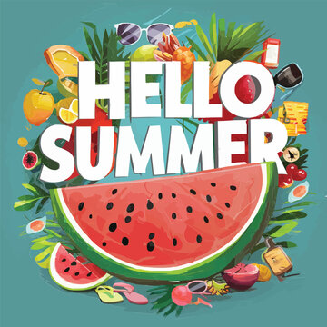 Hello summer colorful vector art illustration with different customized vector illustration art