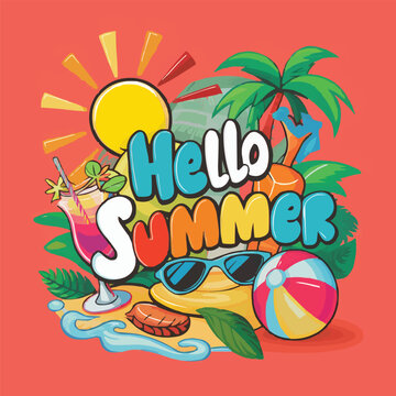 Hello summer colorful vector art illustration with different customized vector illustration art